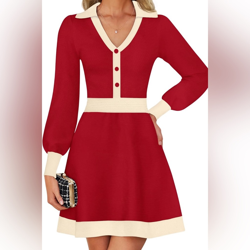 ZESICA Women's 2024 Fall Long Sleeve V Neck Sweater Dress Collar